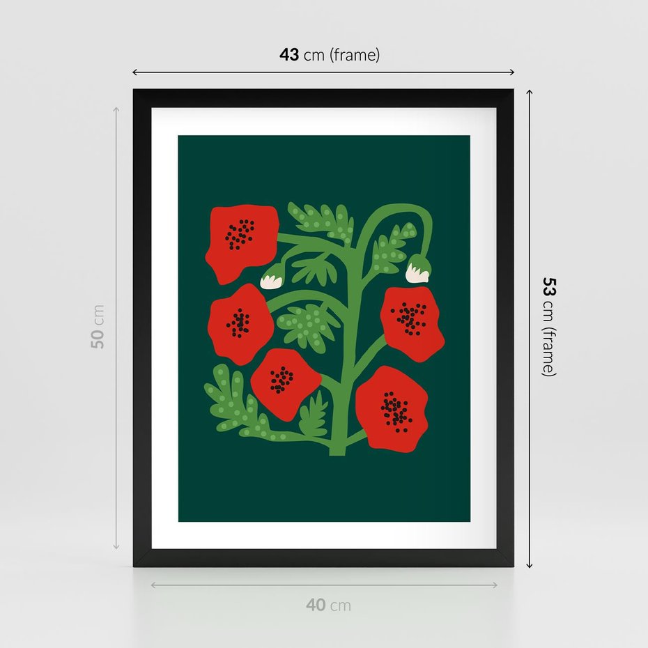 Plakat w ramie 40x50 - Księga Odbić - abstrakcyjna kwiatowa kompozycja, zielone mocne tło - rama czarna