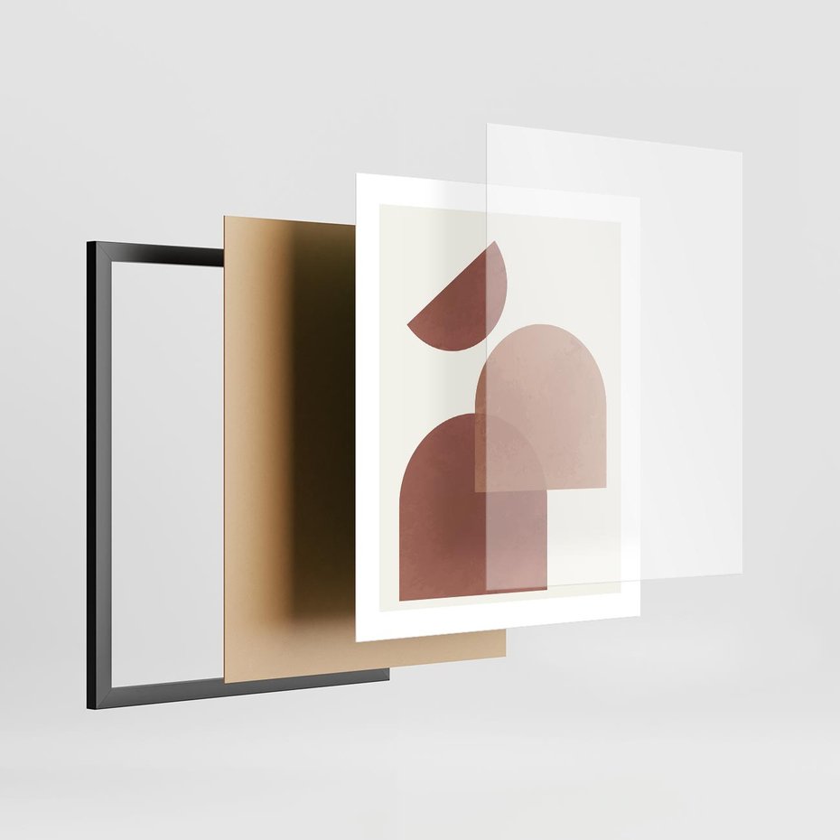 Plakat w ramie 40x50 - Harmonijne Widoki - abstrakcyjne geometryczne kształty, odcienie brązu i beżu - rama czarna