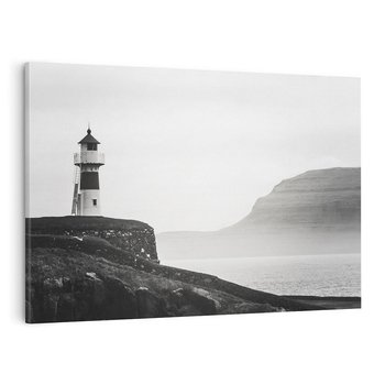 Obraz na płótnie 120x80 - Melancholia Północy - czarnobiała fotografia, nadmorska latarnia na klifie