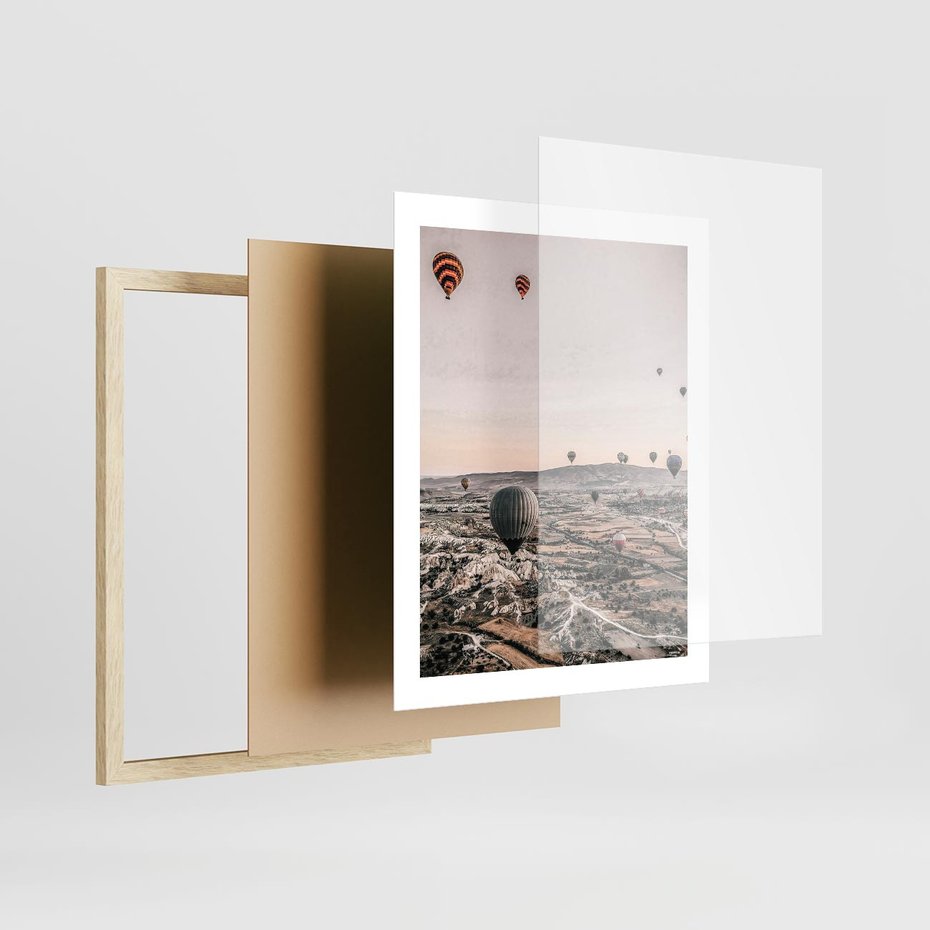 Plakat w ramie 40x50 - Wolność w Powietrzu - balony latające nas pustynnym krajbrazem, balony do latania - rama drewno