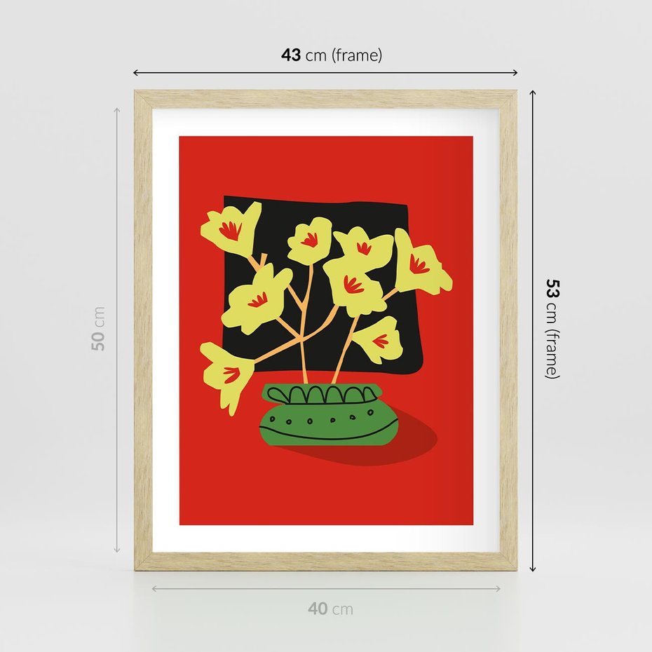 Plakat w ramie 40x50 - Abstrakcyjne Przenikanie - abstrakcyjne kwiaty, czerwone tło - rama drewno