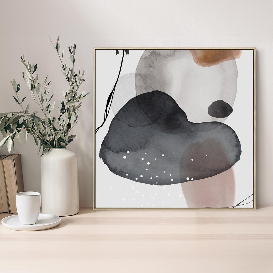 Obraz w ramie 80x80 - Impresje Harmonii - abstrakcyjne plamy akwarelowe, czarny szkic - rama drewno