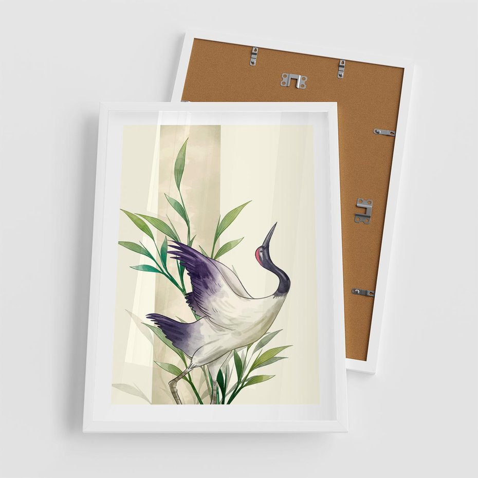 Plakat w ramie 50x70 - Migocące Ptaki - japońska sztuka, ptak - rama biała