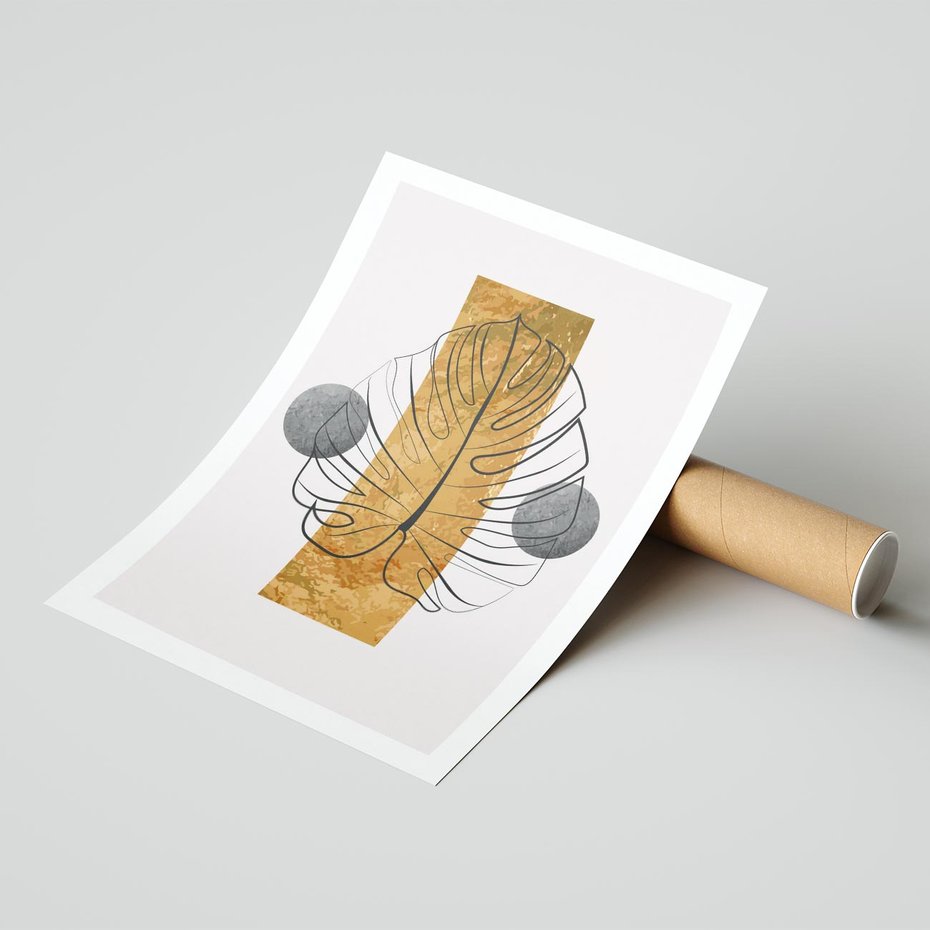 Plakat bez ramy 50x70 - Minimalistyczna Monstera: Złoty Prostokąt - liść monstery, minimalizm