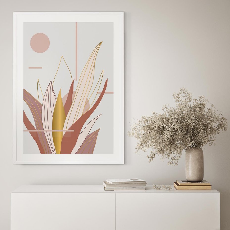 Plakat bez ramy 21x30 - Złota Grafika Liści: Wyjątkowa Dekoracja - liście, złoto