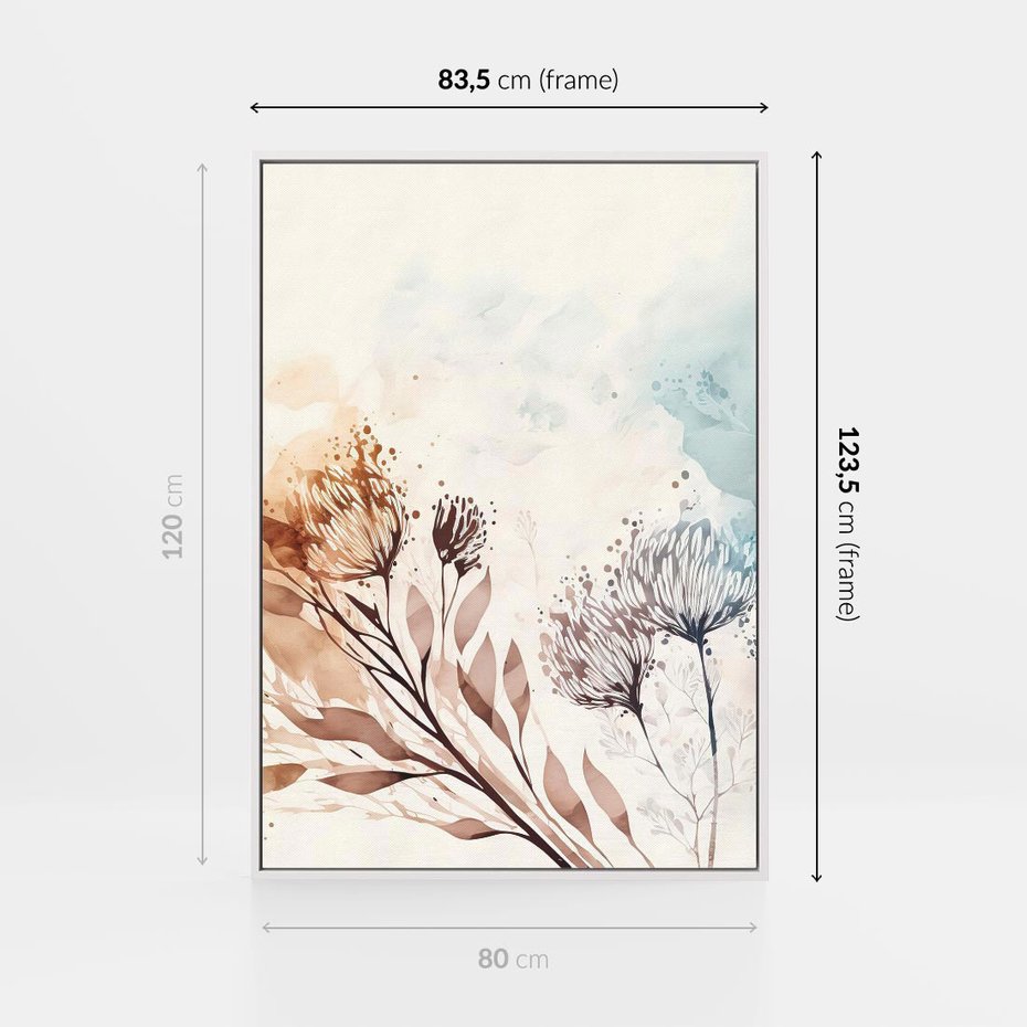 Obraz w ramie 80x120 - Nostalgiczne tańce pędzla - akwarelowe kwiaty, gałęzie - rama biała