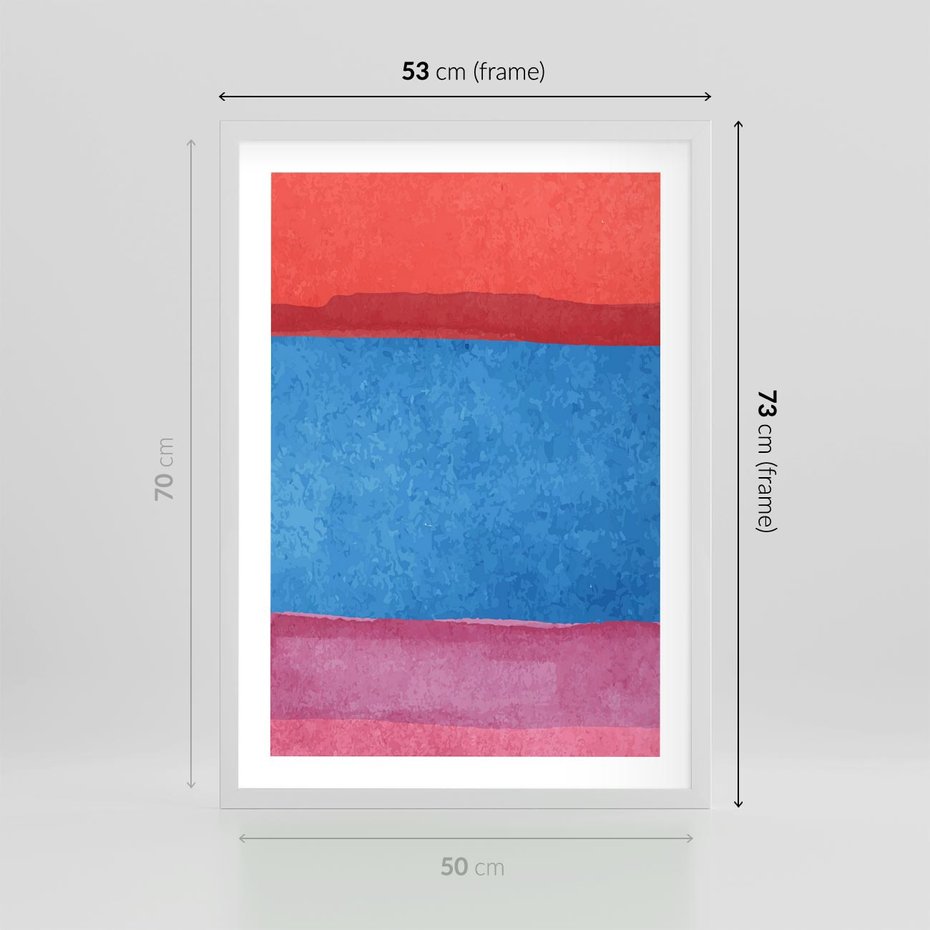 Plakat w ramie 50x70 - Migocące Formy - kolorowe akwarelowe pasy, odcienie czerwień - rama biała
