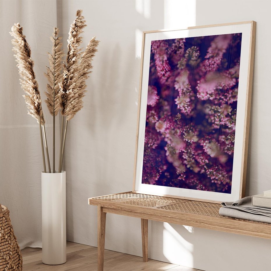 Plakat w ramie 40x50 - Wrzosowa Delikatność - wrzosy, kwiaty - rama drewno