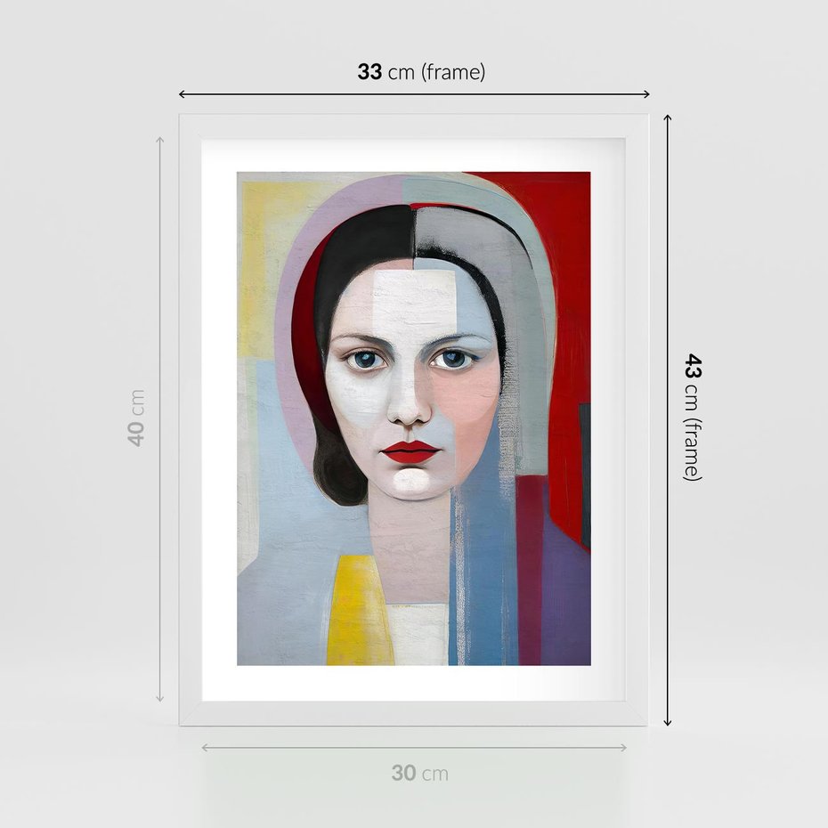 Plakat w ramie 30x40 - Kolorowe Granice Form - abstrakcyjny obraz olejny, portret twarzy kobiety - rama biała