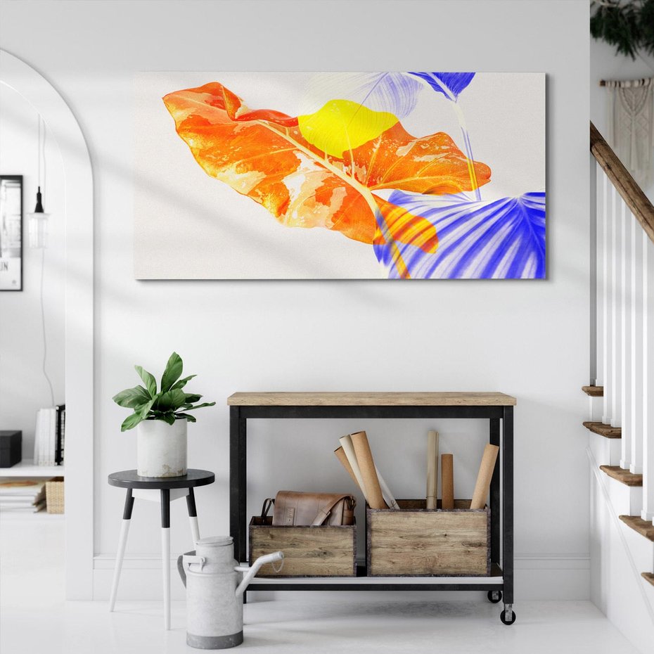 Obraz na płótnie 140x70 - Energetyczne Indygo - retro, tropikalne liście