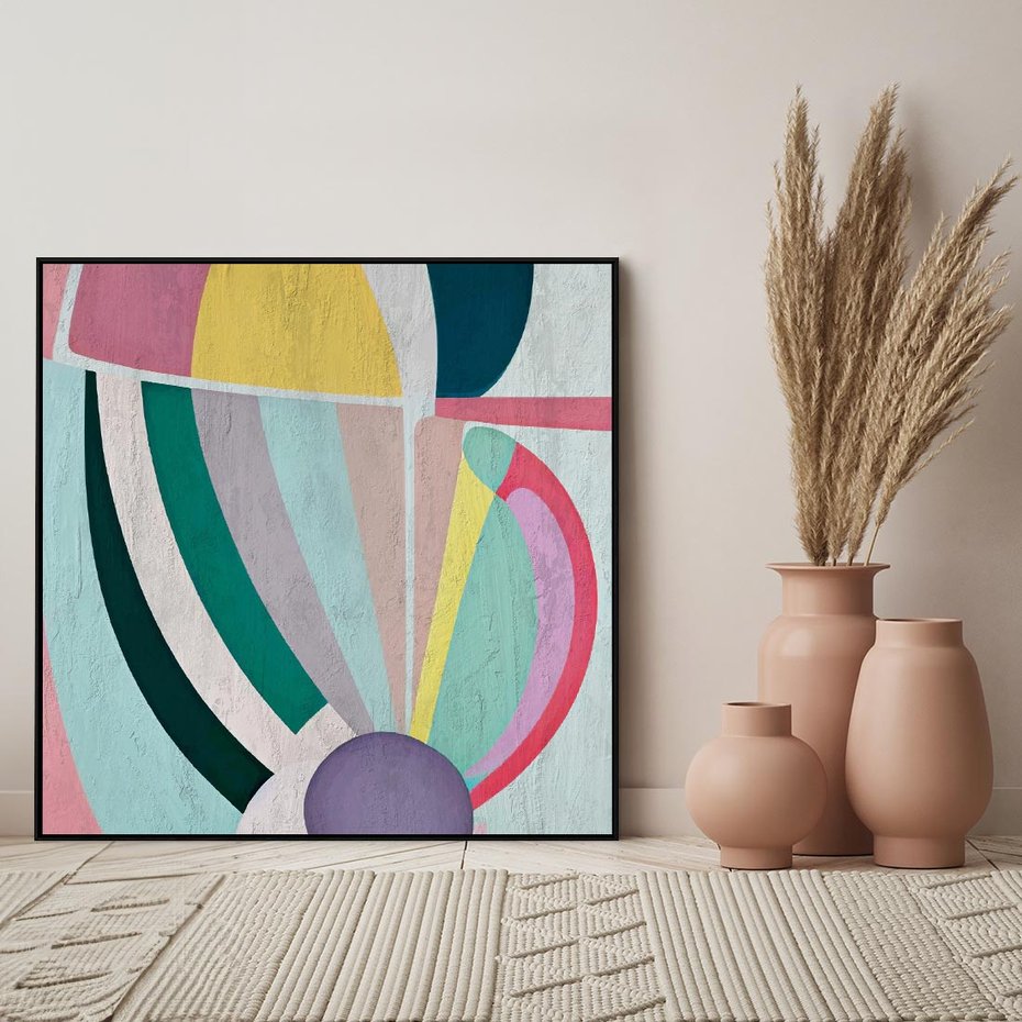 Obraz w ramie 50x50 - Podróżne Echa Przestrzeni - abstrakcyjne dziwne kształty, olejny obraz - rama czarna