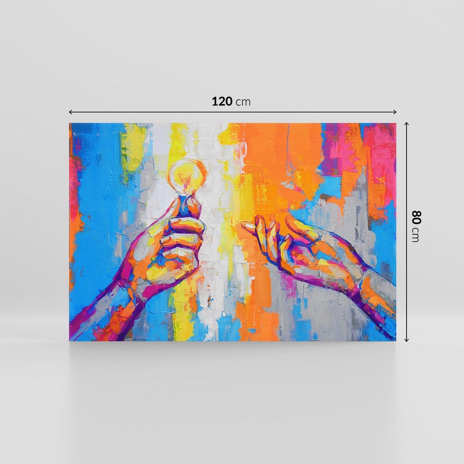 Obraz na płótnie 120x80 - Refrakcje wewnętrznego światła - abstrakcyjne dzieło, dłoń trzyma żarówkę