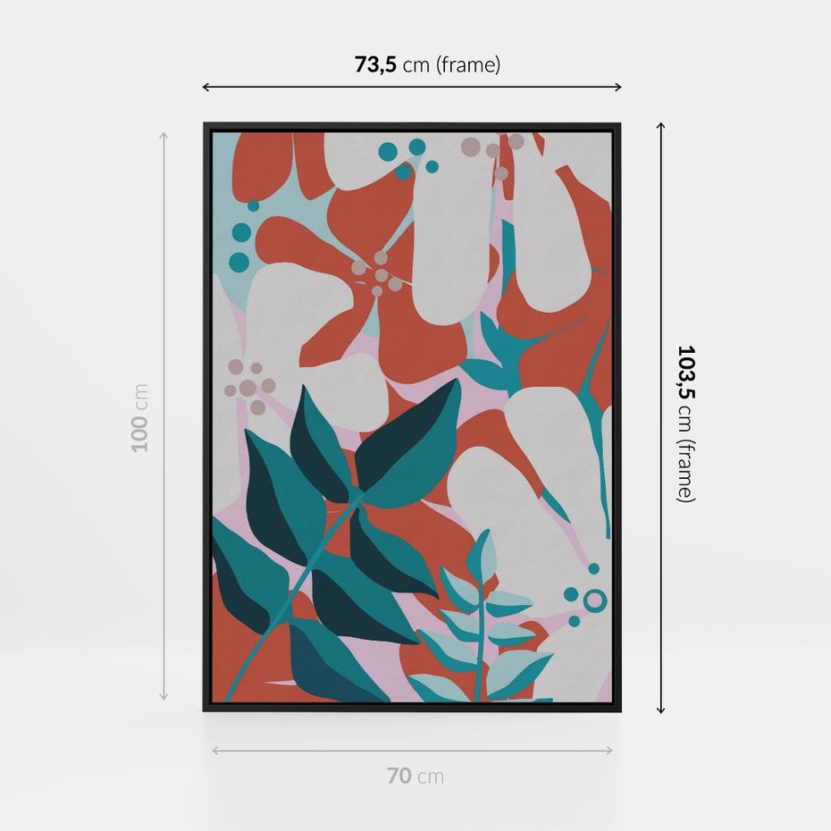 Obraz w ramie 70x100 - Harmonijne Formy - abstrakcyjna kompozycja kwiatowych form, kolor zgaszone - rama czarna