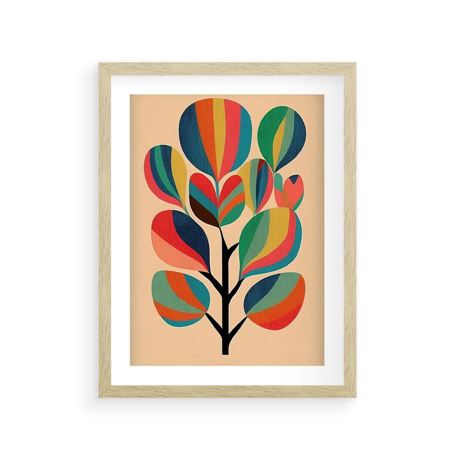 Plakat w ramie 30x40 - Harmonia Rozplątanych Form - abstrakcyjny kolorowy tęczowy obraz, inspiracje roślinne - rama drewno