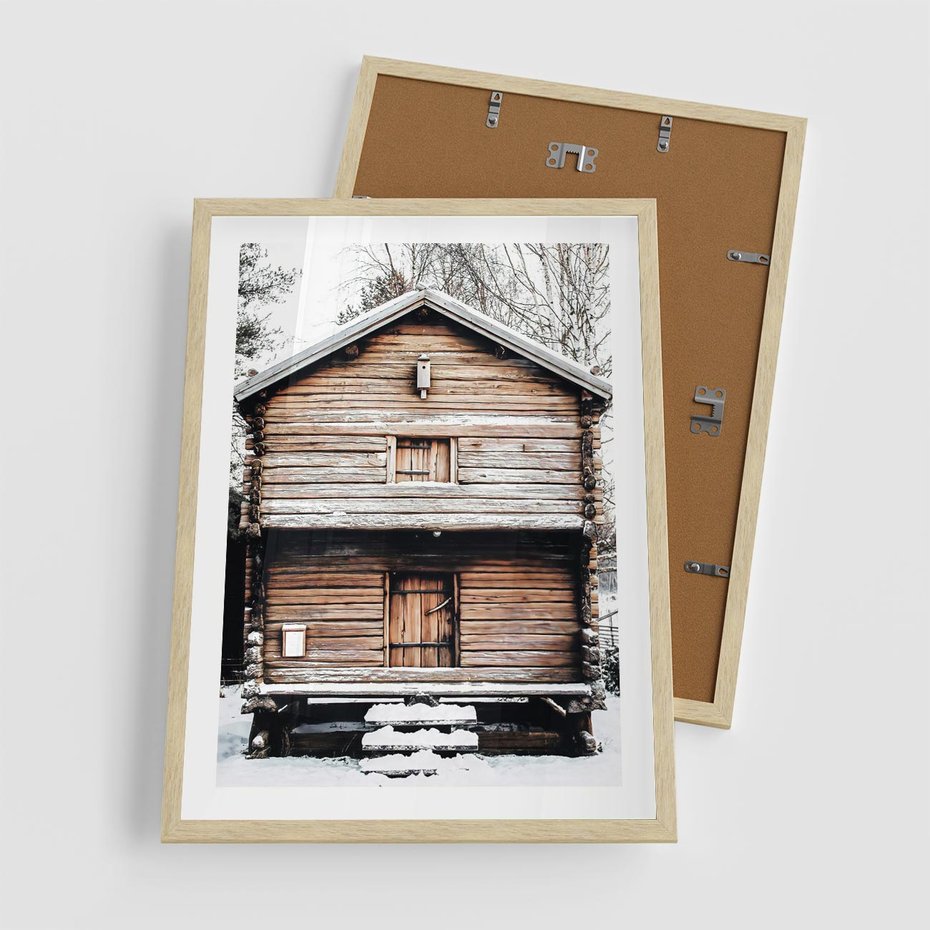 Plakat w ramie 50x70 - Śnieżny Ustronny Raj - domek w górach, śnieg - rama drewno