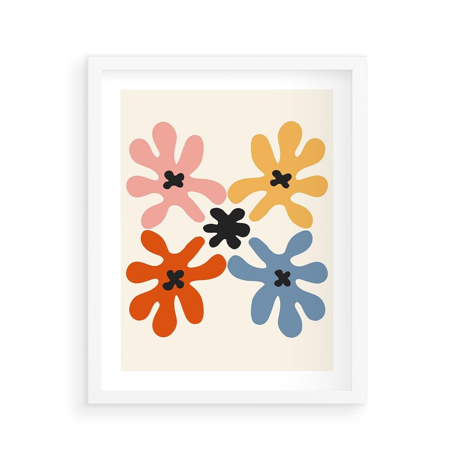 Plakat w ramie 40x50 - Taniec Akwareli - abstrakcyjne wielokolorowe kwiaty, minimalizm - rama biała