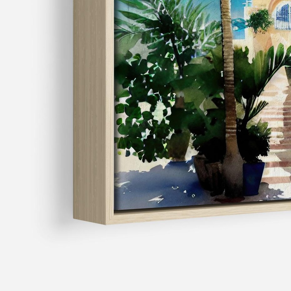 Obraz w ramie 50x50 - Spokój Miasta nad Morzem - akwarela, sródziemnomorski klimat - rama drewno