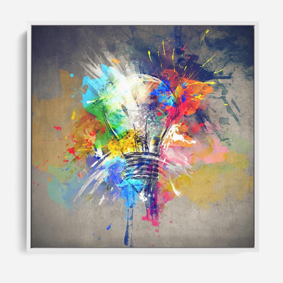 Obraz w ramie 80x80 - Kolory Kreatywnej Koncepcji - abstrakcyjna grafika, szkic żarówki - rama biała