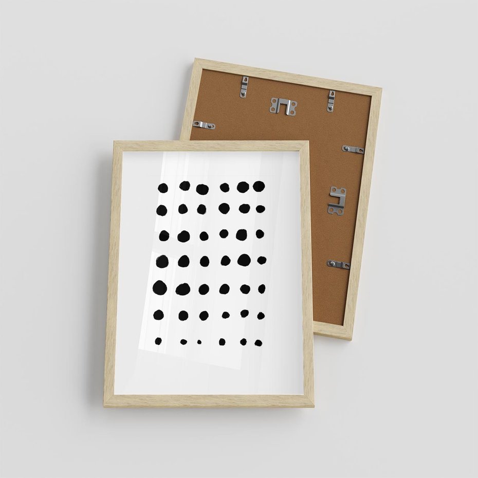Plakat w ramie 30x40 - Refleksje Światła - minimalistyczna kompozycja, czarne kropkina białym tle - rama drewno