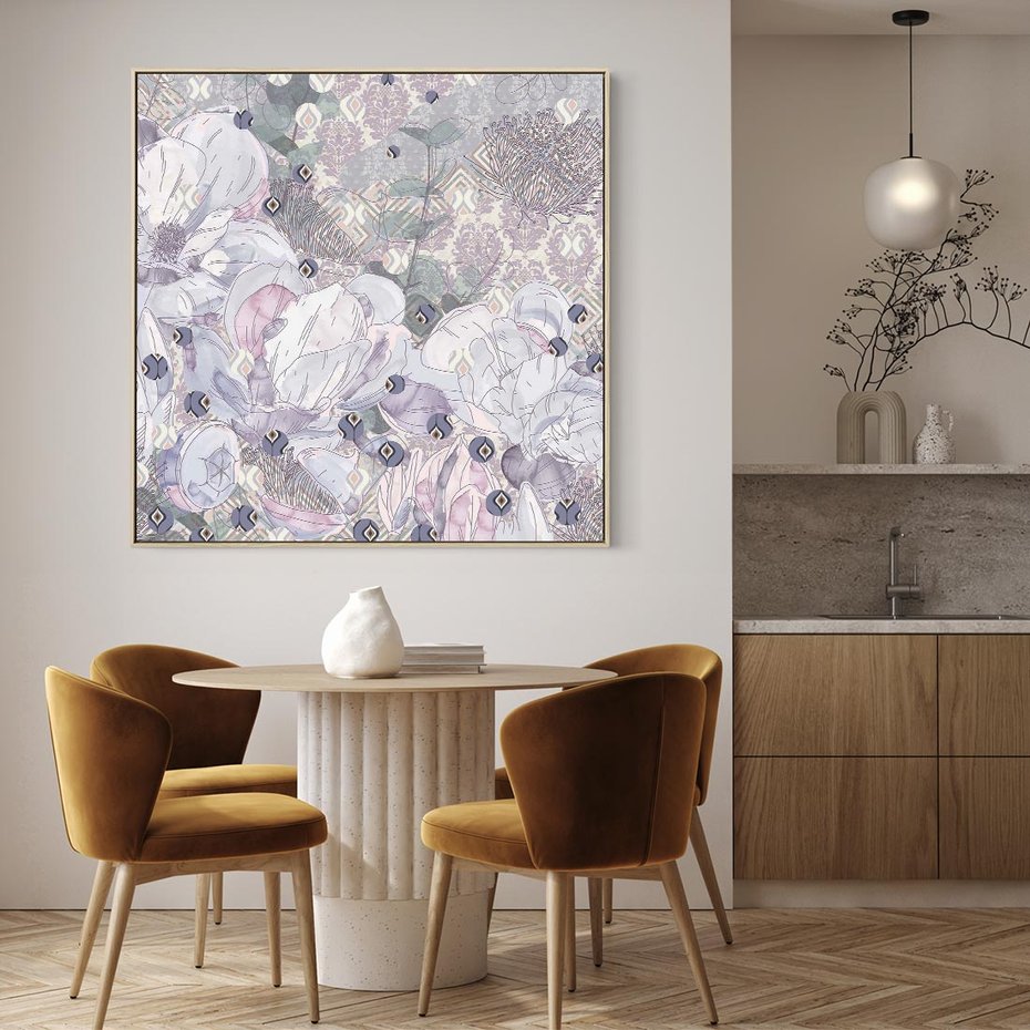 Obraz w ramie 50x50 - Malowane oddechy istnienia - pomieszane tekstury, kwiatowe elementy - rama drewno