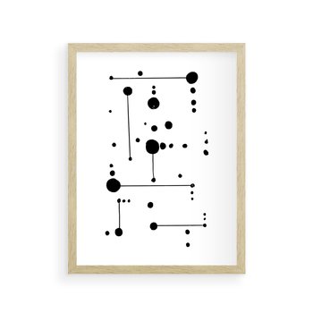Plakat w ramie 30x40 - Nocne Zawirowania - abstrakcyjny plakat, czarne kropki i kreski - rama drewno