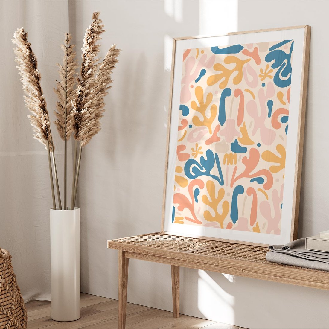 Plakat w ramie 50x70 - Symfonia Radosnych Barw - abstrakcyjne pastelowe formy, nowoczesna grafika w stylu boho - rama drewno