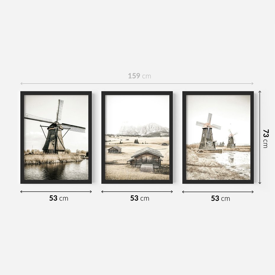 Zestaw obrazy w ramie 50x70 galeria - Wiatraki, domki, pola, łąki - rama czarna