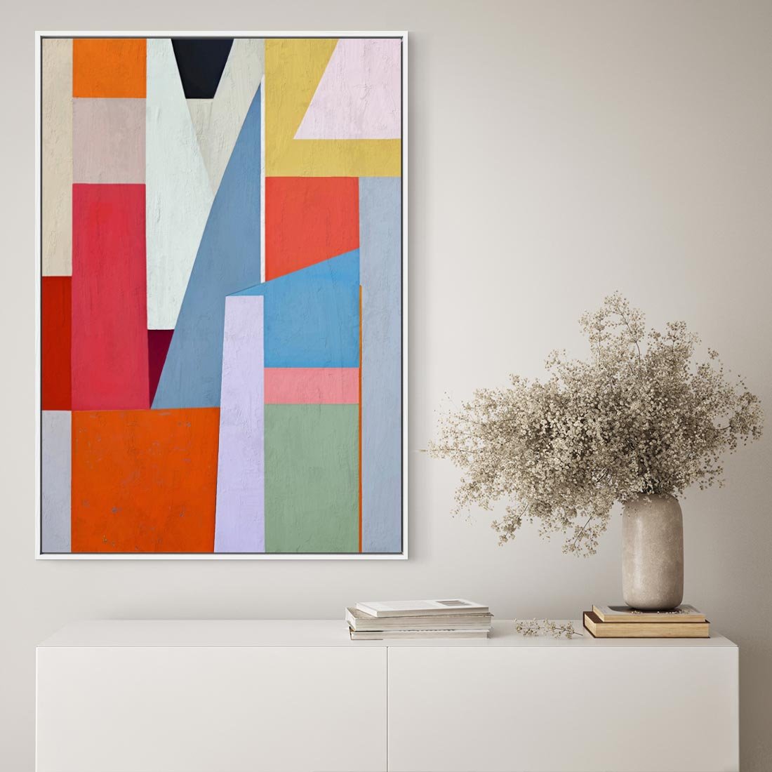 Obraz w ramie 80x120 - Migotliwe Nastroje Kształtów - różne geometryczne formy, olejny obraz - rama biała