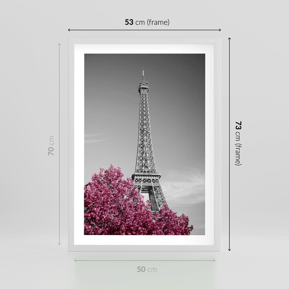 Plakat w ramie 50x70 - Różowy Paryż - czarno białe zdjęcie, wieża eiffla - rama biała