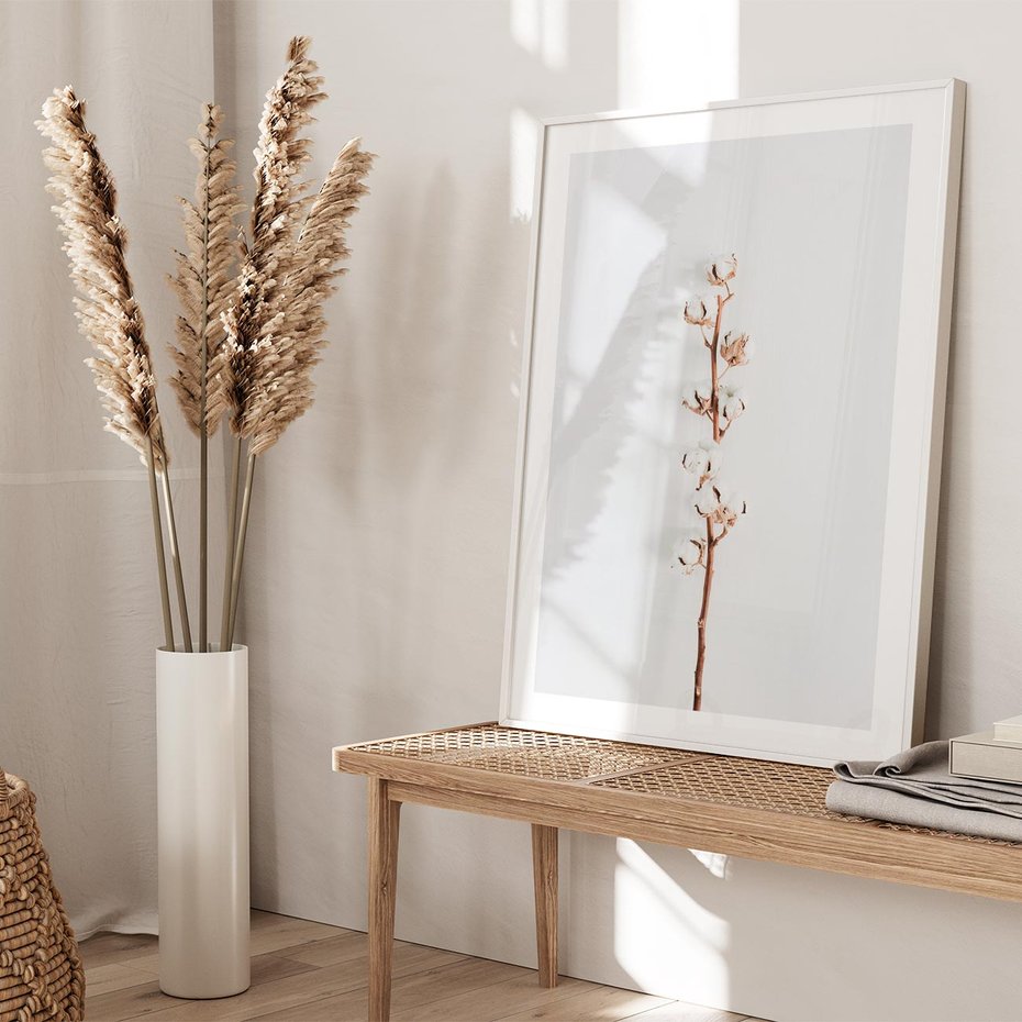 Plakat w ramie 30x40 - Minimalistyczna Gałązka Bawełny - bawełna, gałązka bawełny - rama biała