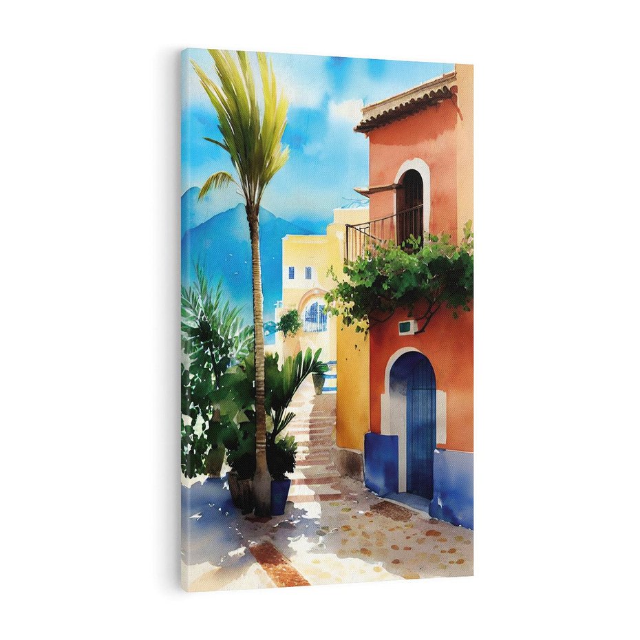 Obraz na płótnie 70x100 - Spokój Miasta nad Morzem - akwarela, sródziemnomorski klimat