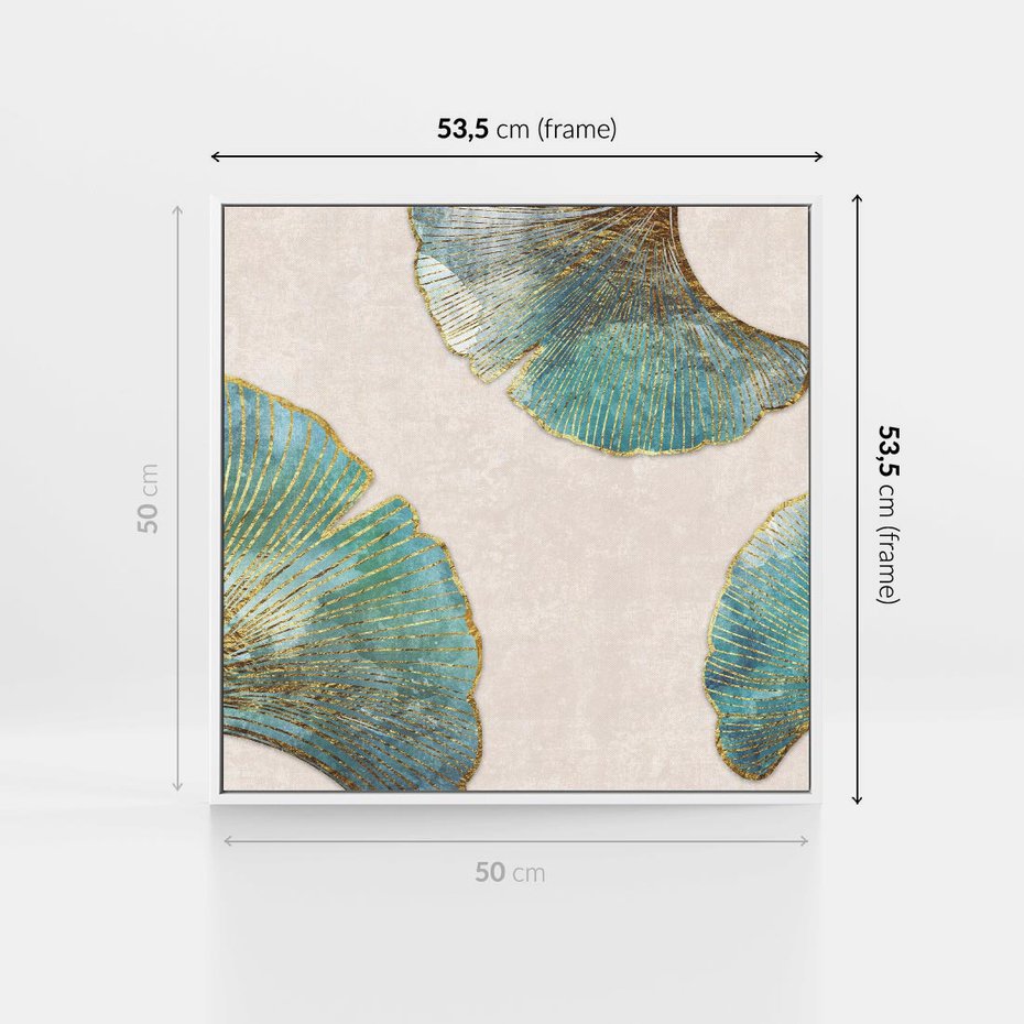 Obraz w ramie 50x50 - Złota Melodia Liści - złote, turkusowe liście miłorzębu - rama biała