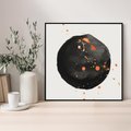 Obraz w ramie 50x50 - Wnętrza Marzeń - abstrakcyjna czarna plama, rozsiane pomarańczowe kropki - rama czarna