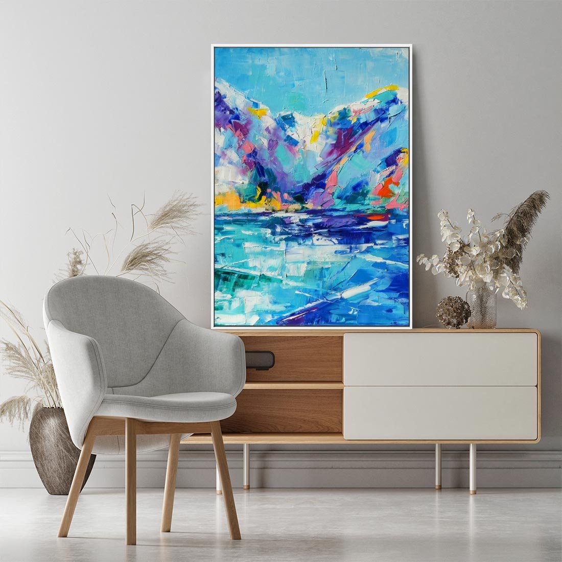 Obraz w ramie 80x120 - Mistyka Górskich Marzeń - abstrakcja, pejzaż gór - rama biała