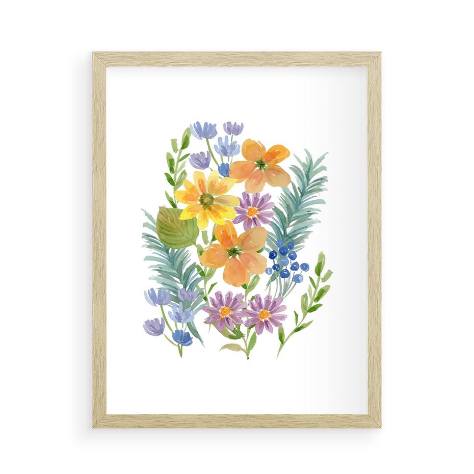 Plakat w ramie 50x70 - Migocące Widoki Kwiatów - akwarelowe polne kwiaty, minimalistyczny plakat - rama drewno