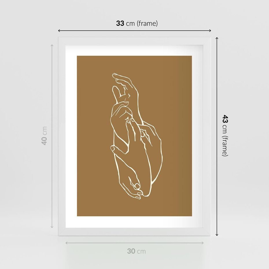 Plakat w ramie 30x40 - Splecione Dłonie - szkic, minimalizm - rama biała