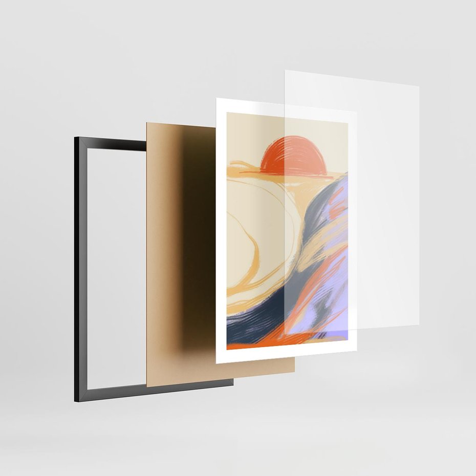 Plakat w ramie 50x70 - Pomarańczowy Horyzont - pastelowy krajobraz, nowoczesny plakat - rama czarna