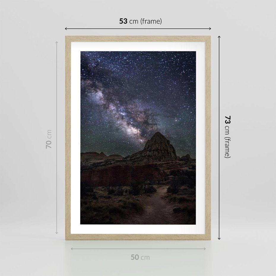 Plakat w ramie 50x70 - Gwiaździsta Noc na Pustyni - noc na pustyni, gwiździste niebo - rama drewno