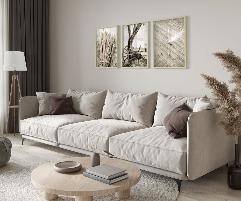 Zestaw obrazy w ramie 50x70 galeria - Sepia, krajobraz, wiejski, pole - rama drewno