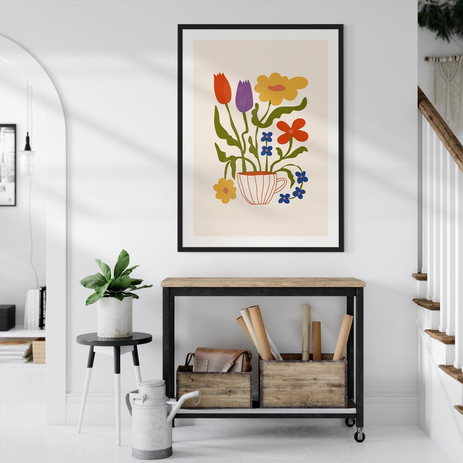 Plakat bez ramy 40x50 - Kolorowe Granice - kwiaty w filizance, abstrakcja