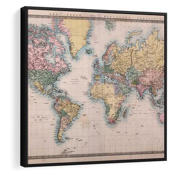 Obraz w ramie 50x50 - Światło Przeszłości - retro mapa świata, mapa - rama czarna
