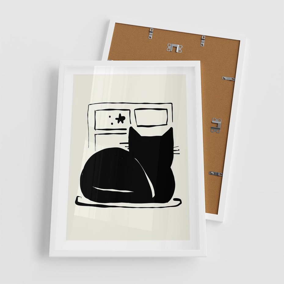 Plakat w ramie 50x70 - Czarny Kot: Prosta Elegancja - grafika, minimalizm - rama biała