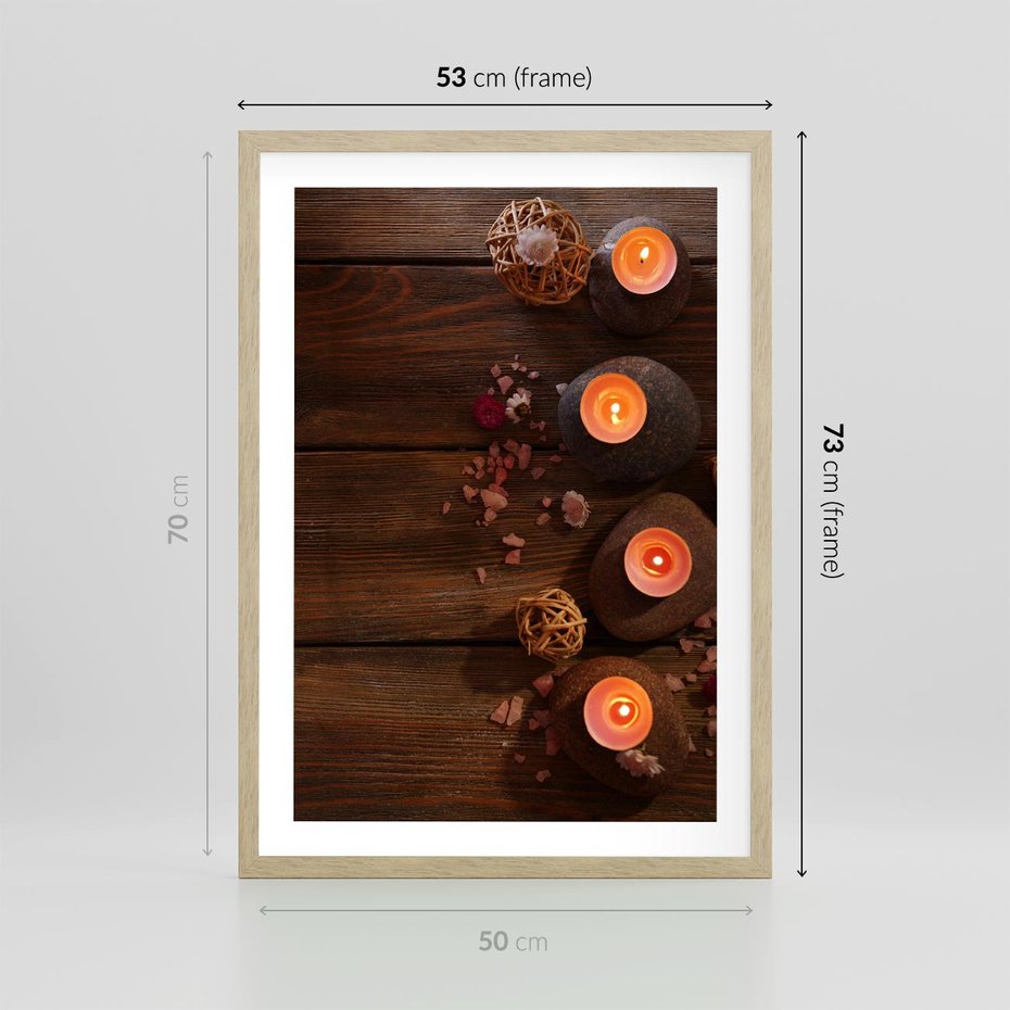 Plakat w ramie 50x70 - Relaksujące spa z pochodniami - spa, świece - rama drewno