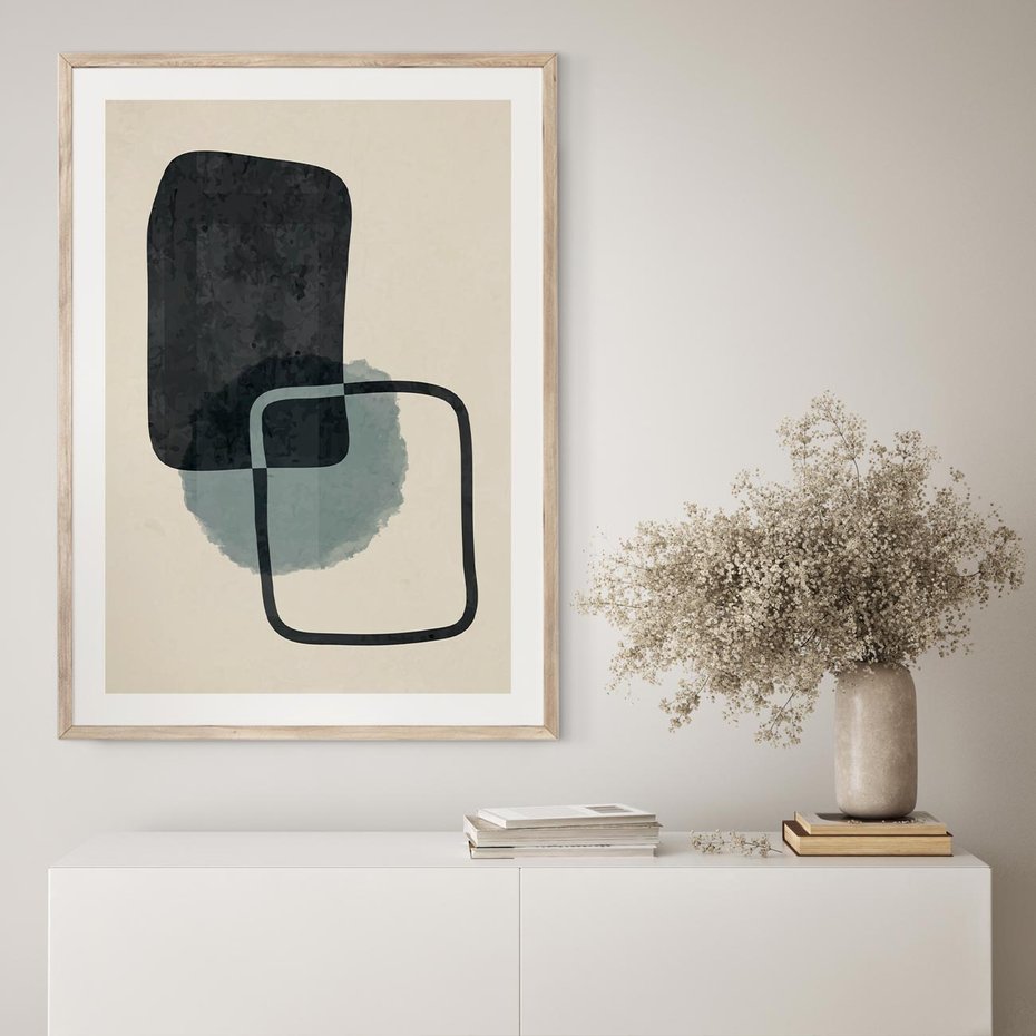 Plakat w ramie 30x40 - Migotliwe Refleksje - abstrakcyjne nieregularne kształty, minimalistyczny plakat - rama drewno