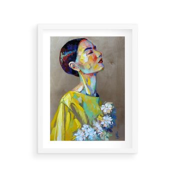 Plakat w ramie 40x50 - W Żółtej Sukience - olejny abstrakcyjny obraz, portret kobiety w żółtej sukience - rama biała