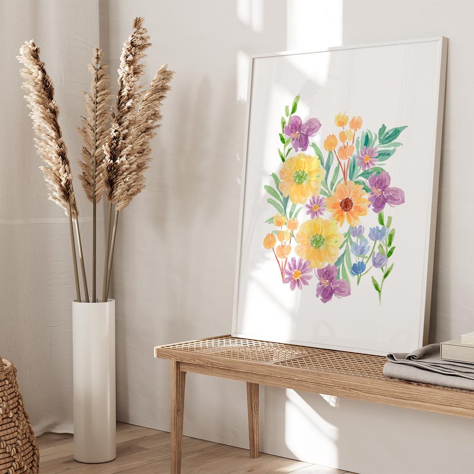 Plakat bez ramy 21x30 - Kwiatowe Wibracje - akwarelowe polne kwiaty, minimalistyczny plakat