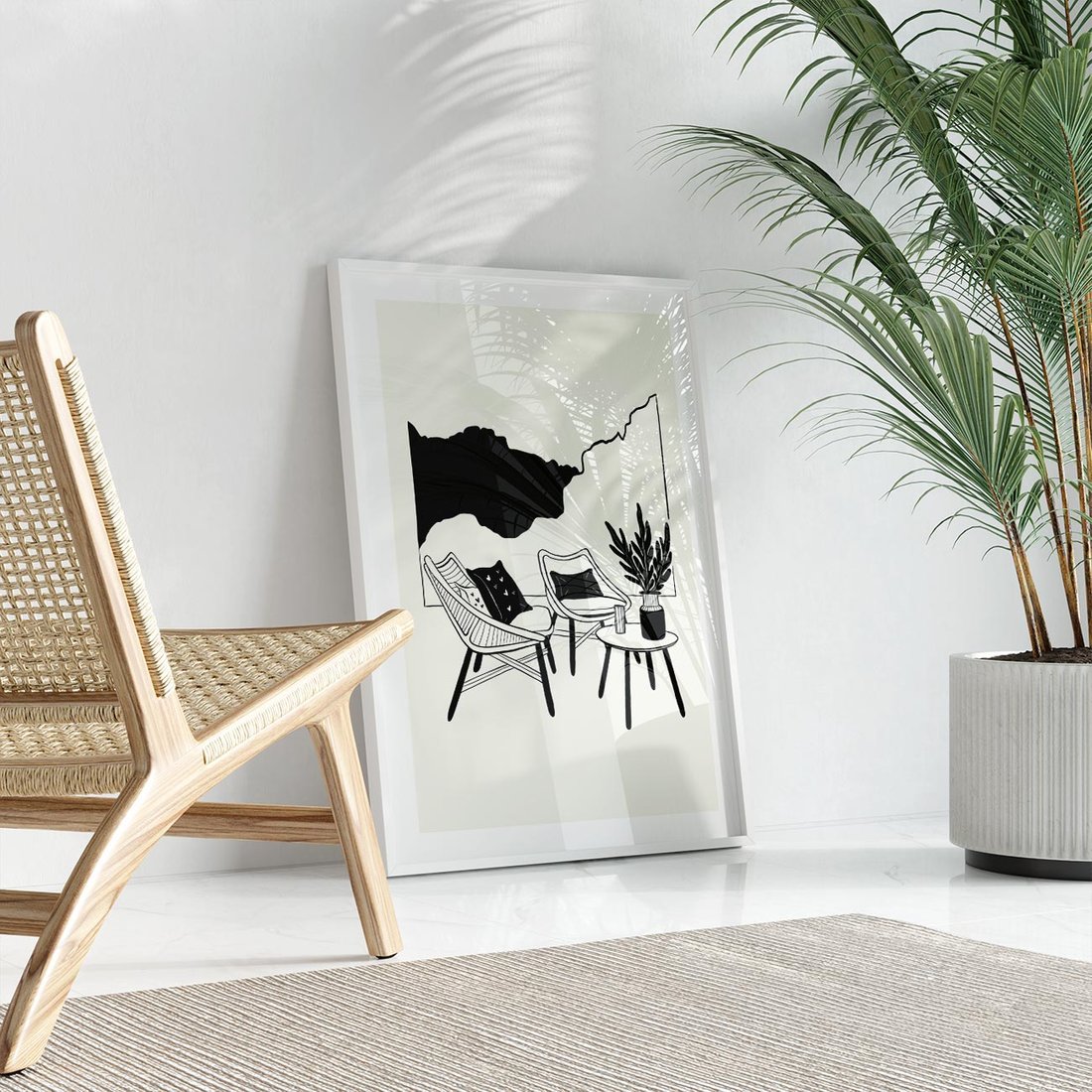 Plakat w ramie 50x70 - Boho Elegancja - boho wnętrze, salon - rama biała