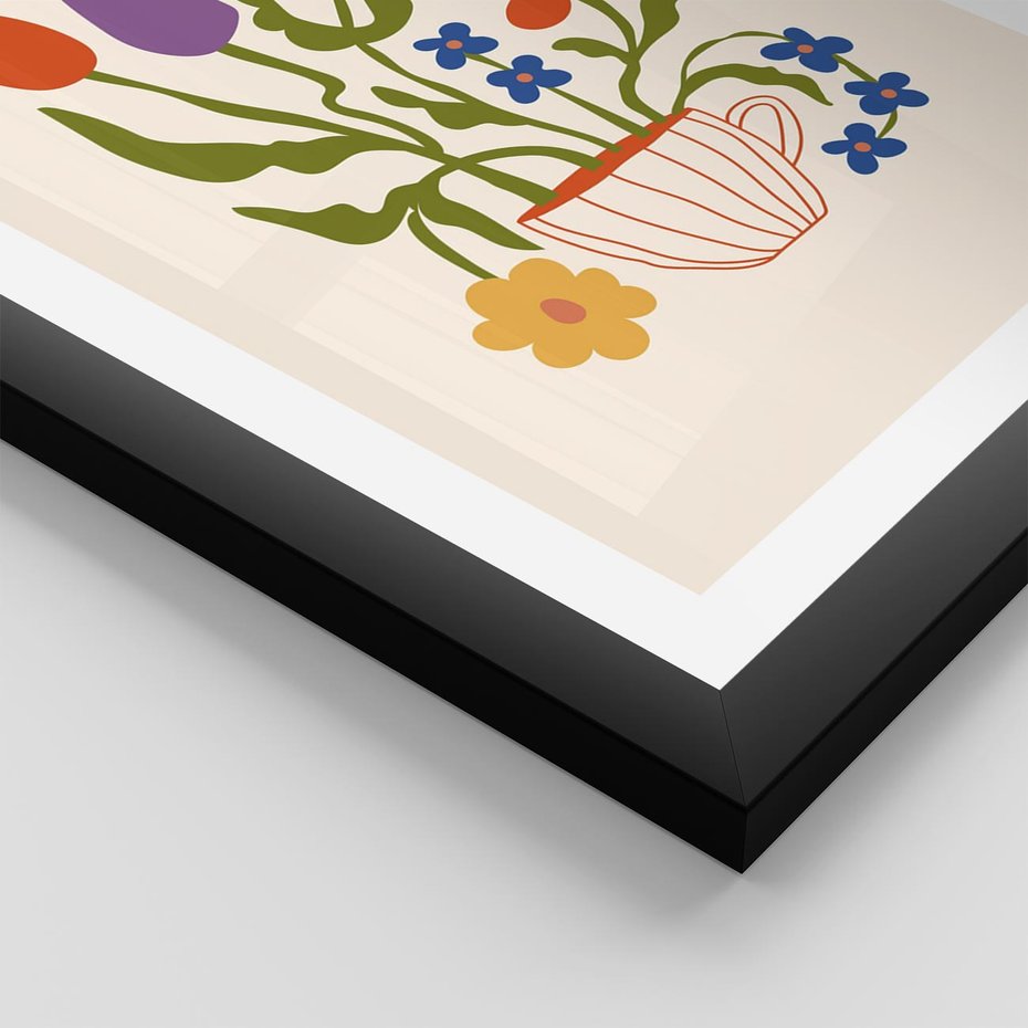 Plakat w ramie 40x50 - Kolorowe Granice - kwiaty w filizance, abstrakcja - rama czarna