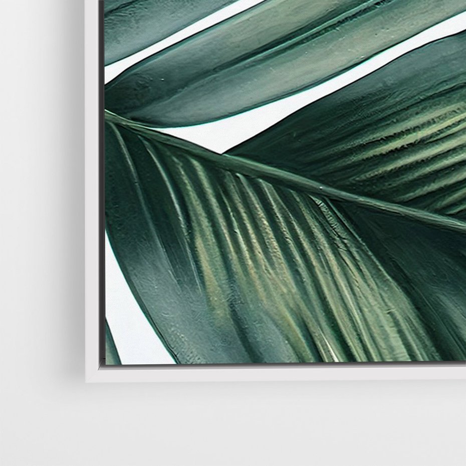 Obraz w ramie 80x120 - Ruchome liście czasu - liście palmy, tropikalne - rama biała