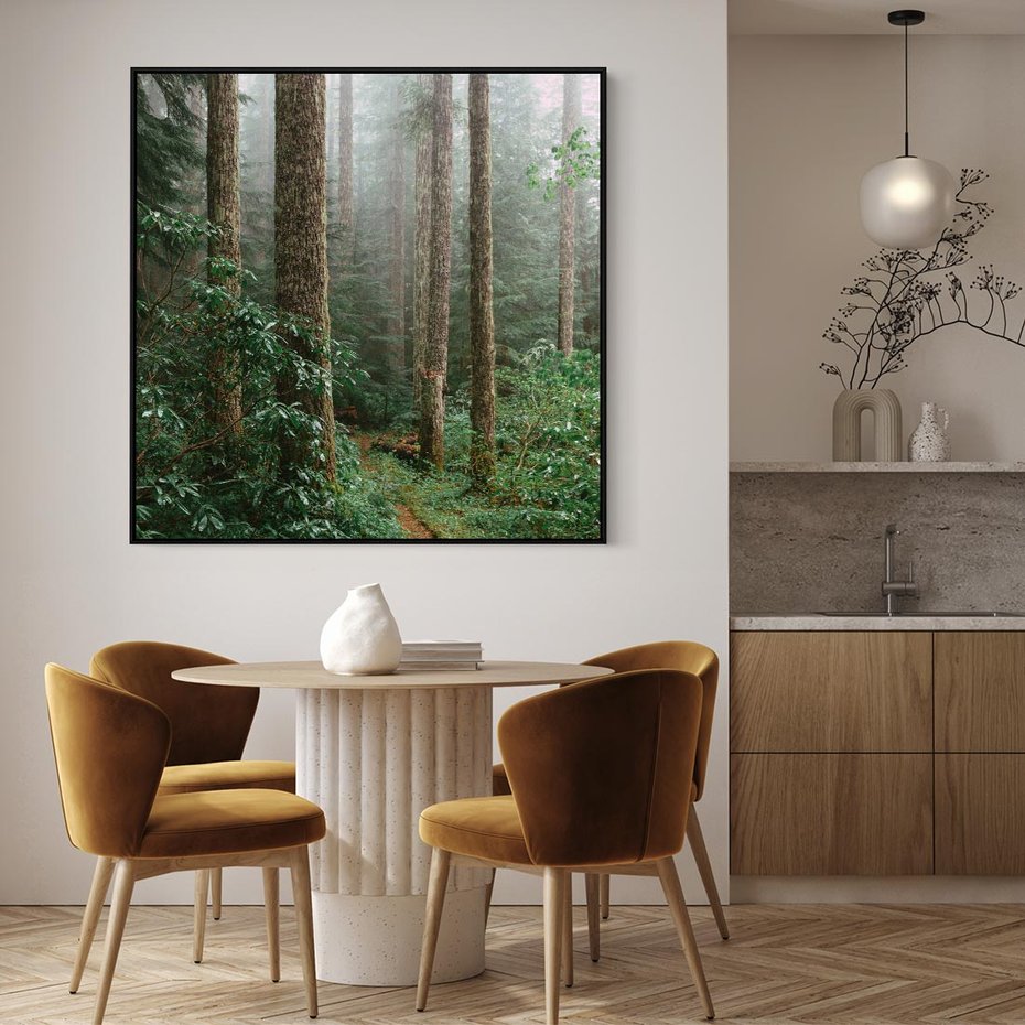 Obraz w ramie 50x50 - Mgliste Marzenia - artystyczna fotografia, las - rama czarna